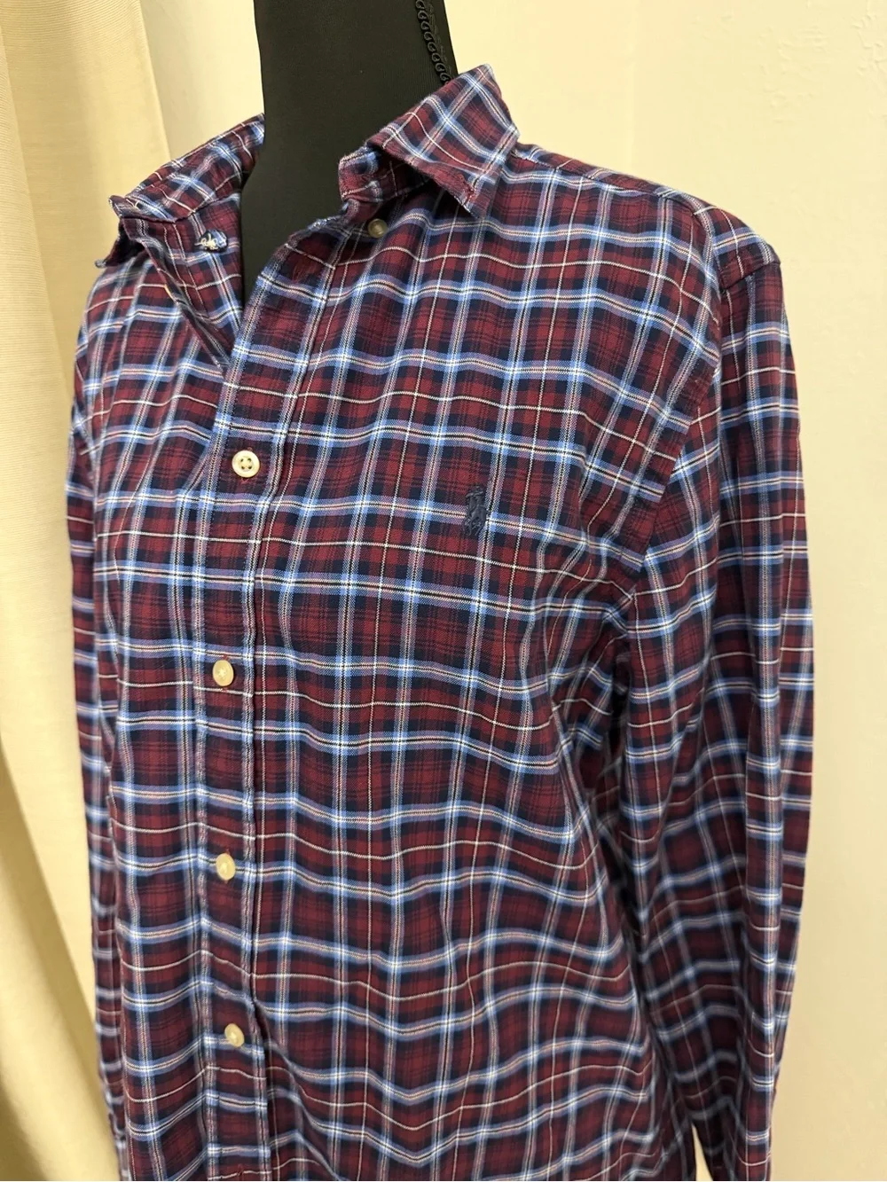 Ralph Lauren Boys XL Burgundy and Blue Plaid Button-Down Shirt